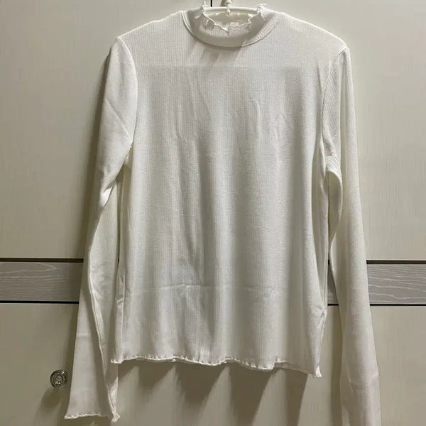 [BUNJANG] White Long Sleeve T-Shirt with Neck Frill / 넥 프릴 화이트 긴팔 티셔츠