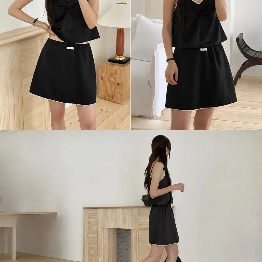[BUNJANG] Black Satin Lace Set-Up (Top & Skirt) / 교신안함)새틴 레이스 셋업-블랙