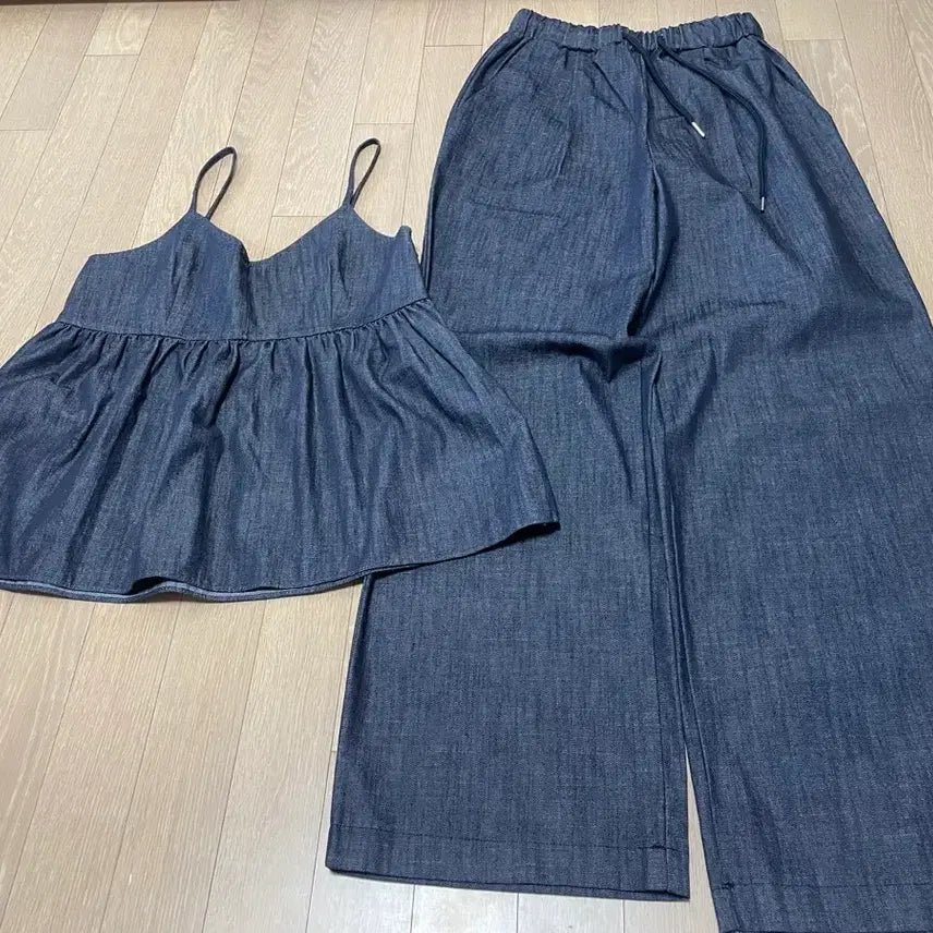 [BUNJANG] Raw Denim Bustier and Bending Pants Two-Piece Set / 특가)새상품)생지 데님 뷔스티에 밴딩 팬츠 투피스 세트