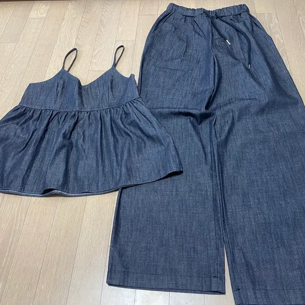[BUNJANG] Raw Denim Bustier and Bending Pants Two-Piece Set / 특가)새상품)생지 데님 뷔스티에 밴딩 팬츠 투피스 세트