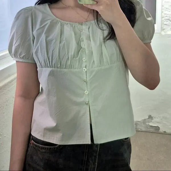 [BUNJANG] Vintage Mint Puff Shirring Short Sleeve Blouse / 빈티지 민트 퍼프 셔링 반팔 블라우스