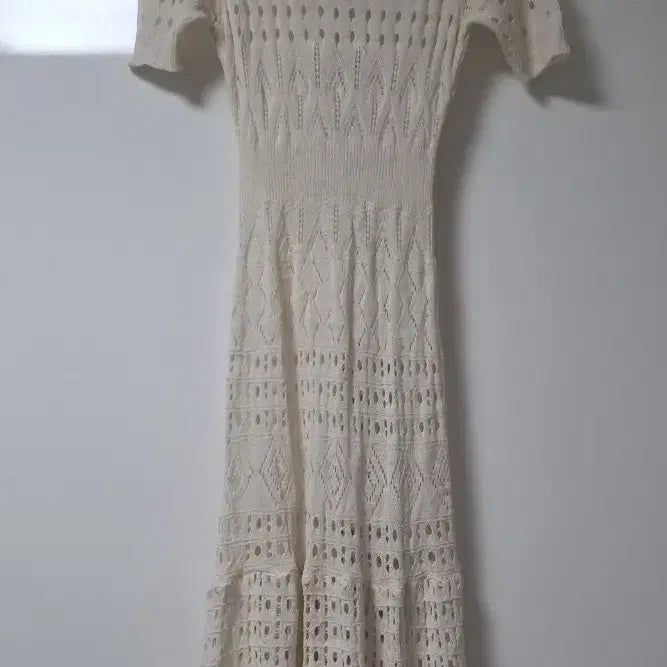 [BUNJANG] Crochet Knit Semi-Sheer Long Dress / 크로셰 뜨개 니트 반팔 롱원피스/펀칭/레이스/시스루/레이어드(새 제품