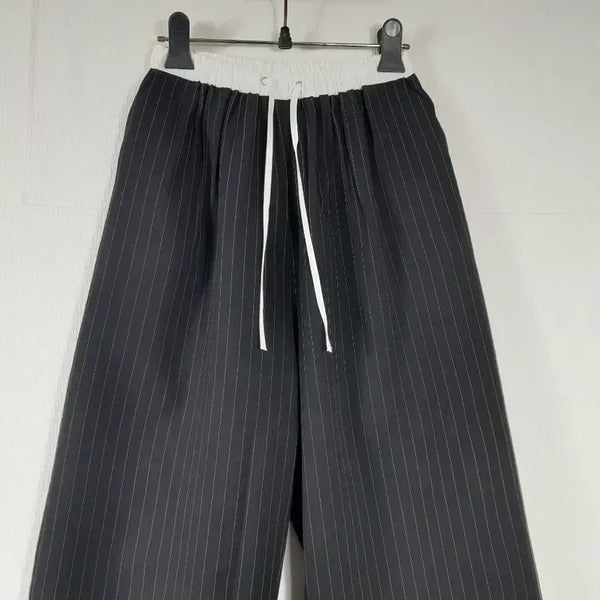 [BUNJANG] Black Stripe Colorblock Wide Banding Pants / 블랙스트라이프 배색와이드 밴딩 팬츠