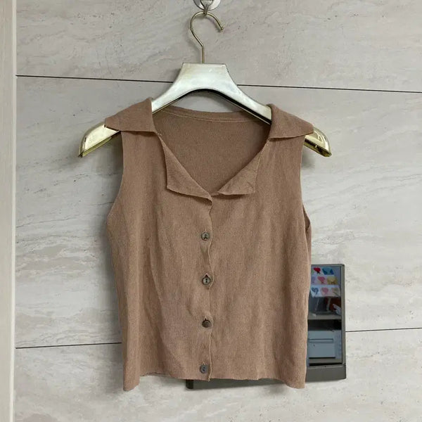[BUNJANG] Beige V-Neck Knit Sleeveless Top / 베이지색 브이넥 니트 슬리브리스