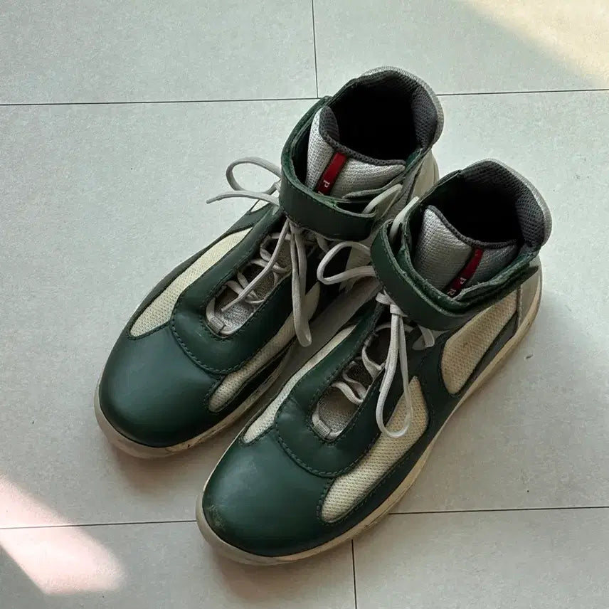 [BUNJANG] Prada 90s America's Cup High Sneakers - Deep Green/Off-White - UK 9 / 90s 빈티지 프라다 아메리카컵 스니커즈 하이 UK9 그린