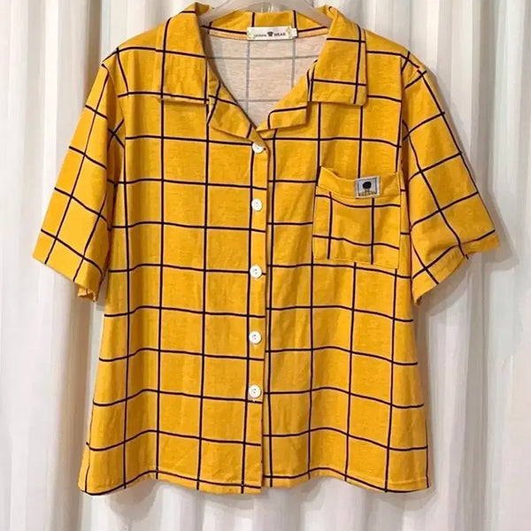 [BUNJANG] LEISURE WEAR Yellow Check Short Sleeve Shirt Jersey Cotton / (새상품) LEISURE WEAR 체크 반팔셔츠 면 져지 티