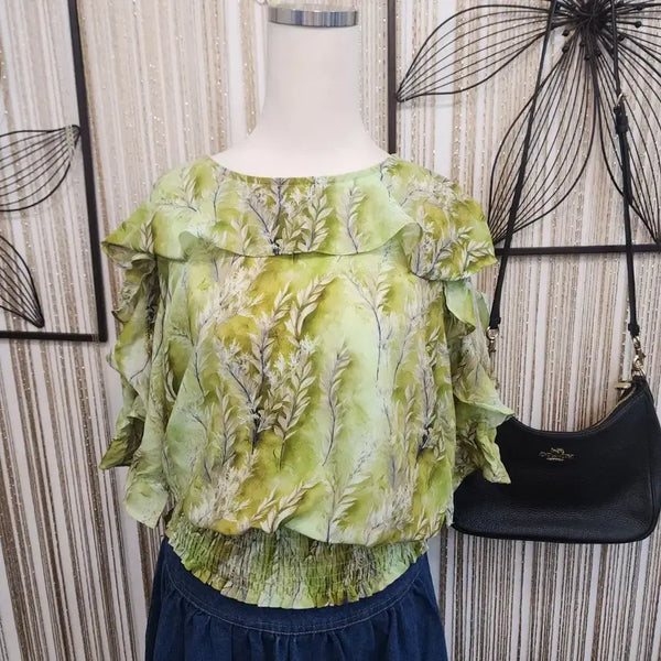 [BUNJANG] Flower Pattern Frill Blouse Green / 플라워 패턴 프릴 블라우스 그린