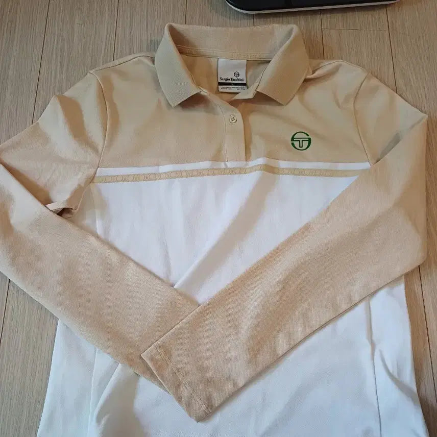 [BUNJANG] Sergio Tacchini Damarino Long Sleeve Polo Shirt - Beige/White - Size S / 세르지오 타키니 여성 긴팔 폴로티 다마린도 S사이즈