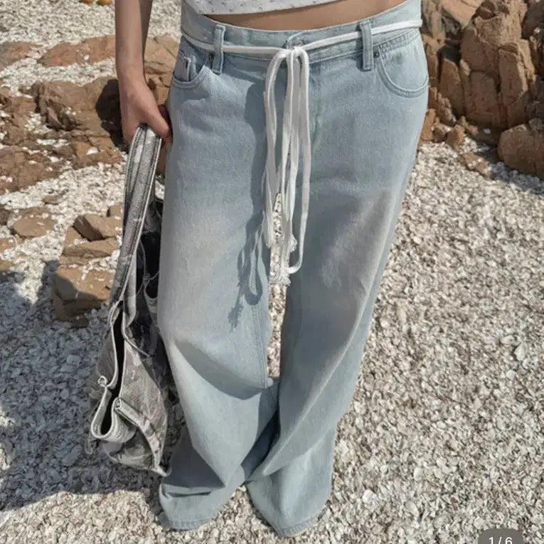 [BUNJANG] Langerow Banding Wide Denim Pants / 랑거 로우 밴딩 와이드 데님