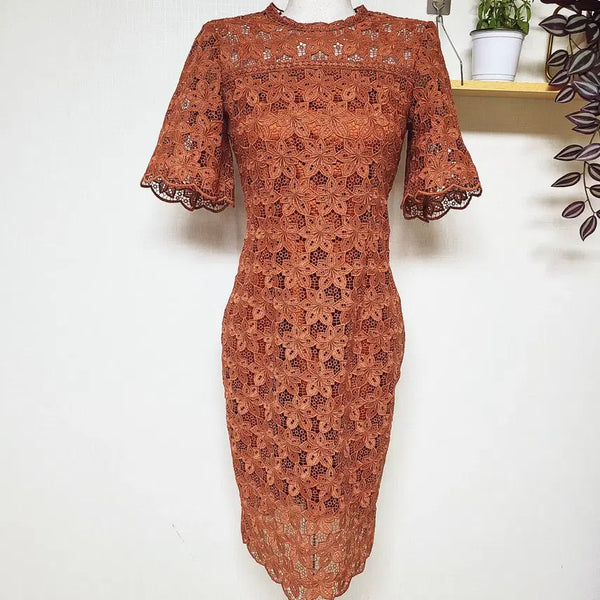 [BUNJANG] K Full Lace Short Sleeve Midi Dress - Gold Brown / K 풀레이스 반팔 미디원피스 44 55 골드브라운 S