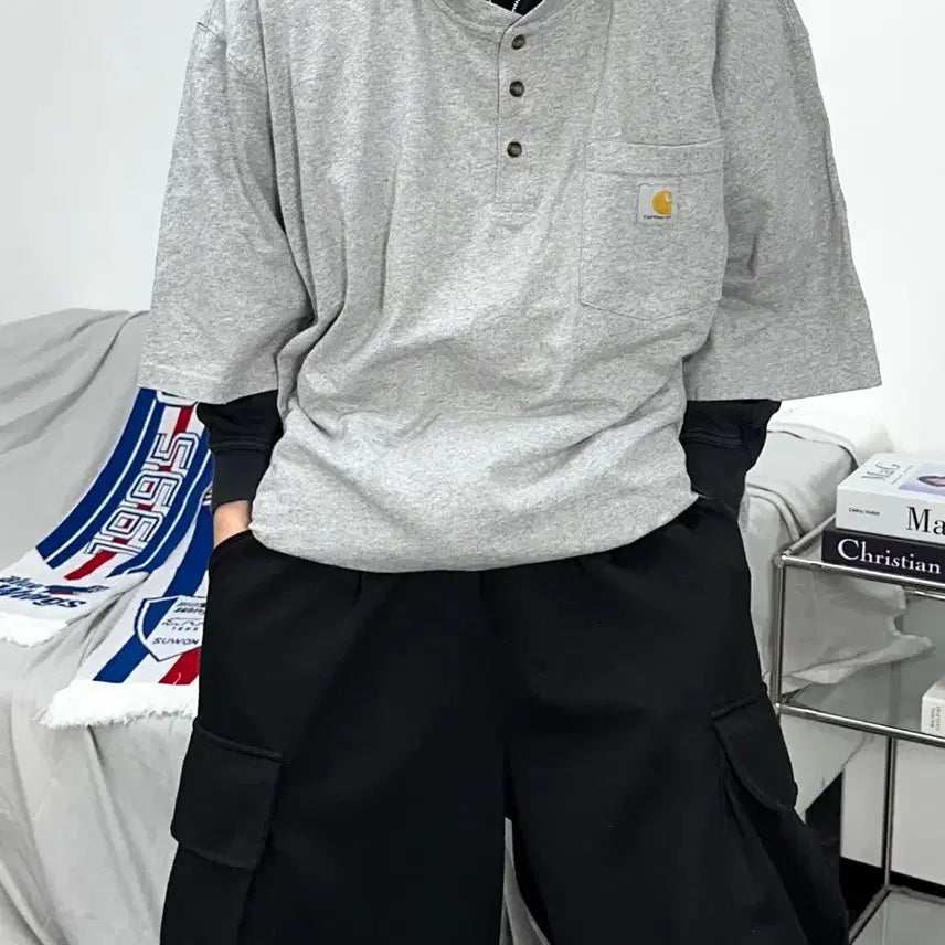 [BUNJANG] Carhartt Henley Neck Pocket Grey T-Shirt / 칼하트 헨리넥 포켓 그레이 반팔