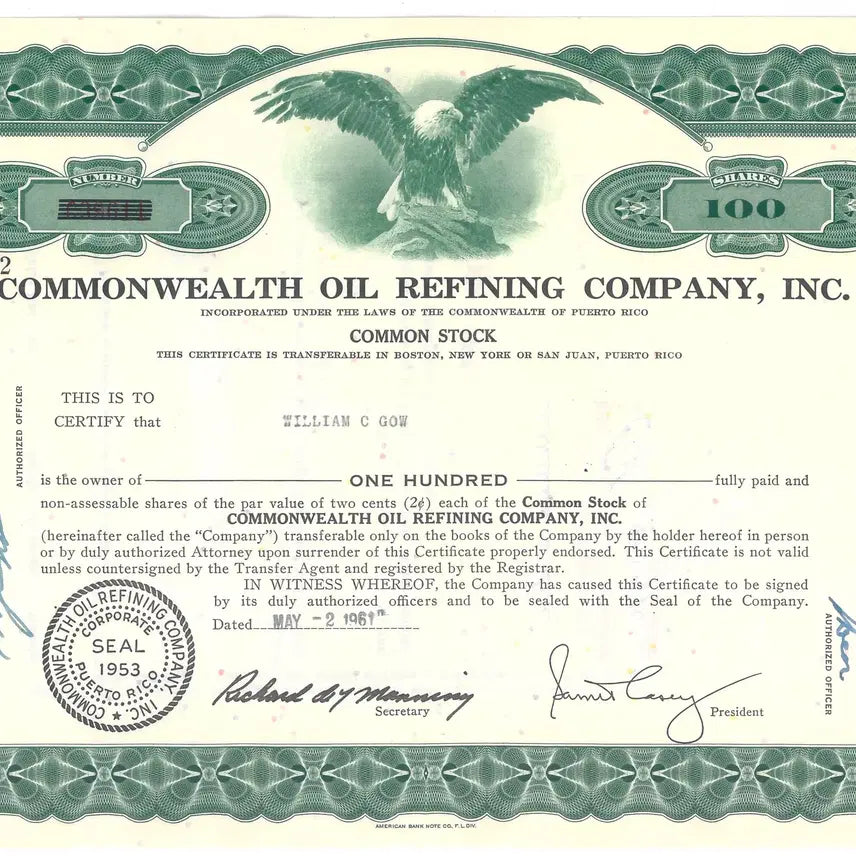 [BUNJANG] Commonwealth Oil Refining Company CORCO K-141 1,000 Shares Common Stock Certificate 1959 / [역사물: 실물 주식 증서] CORCO   K-141