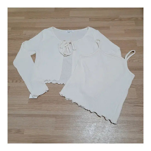 [BUNJANG] Ivory Ribbed Tank Cardigan Set (One Size) / 아이보리색 골지 나시 가디건 세트(프리사이즈)