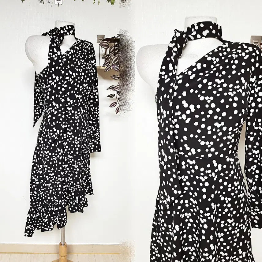 [BUNJANG] ASOS One-Shoulder Asymmetrical Polka Dot Long Dress (Size 44) / 영국편집샵 ASOS 원숄더 언발 롱원피스 44 도트블랙