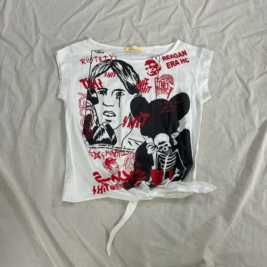[BUNJANG] Punk Skull Print Ribbon Crop T-Shirt / 펑크 해골 프린팅 리본 크롭 반팔티 락시크 y2k