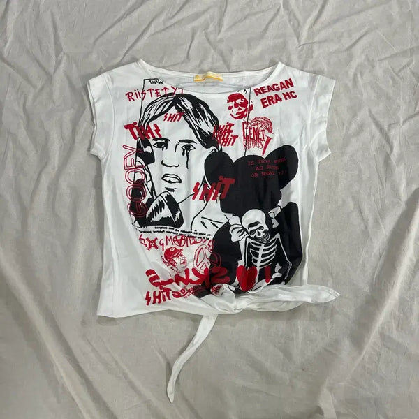 [BUNJANG] Punk Skull Print Ribbon Crop T-Shirt / 펑크 해골 프린팅 리본 크롭 반팔티 락시크 y2k