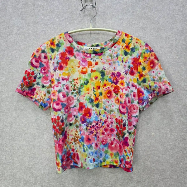 [BUNJANG] Alice + Olivia Floral Pattern Cropped T-Shirt / 앨리스앤 올리비아alice + olivia 플라워 패턴 크롭 반팔 티셔츠