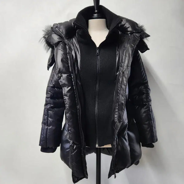 [BUNJANG] LINE Raccoon Fur Hooded Padding Black Women's Size 90 / LINE 라쿤퍼 후드 패딩 블랙 여성 90