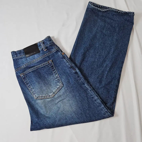 [BUNJANG] Instant Denim Leather Patch Wide Denim Pants (Size 32) / 인스턴트 데님 가죽패치 와이드 데님팬츠 바지 워싱 32