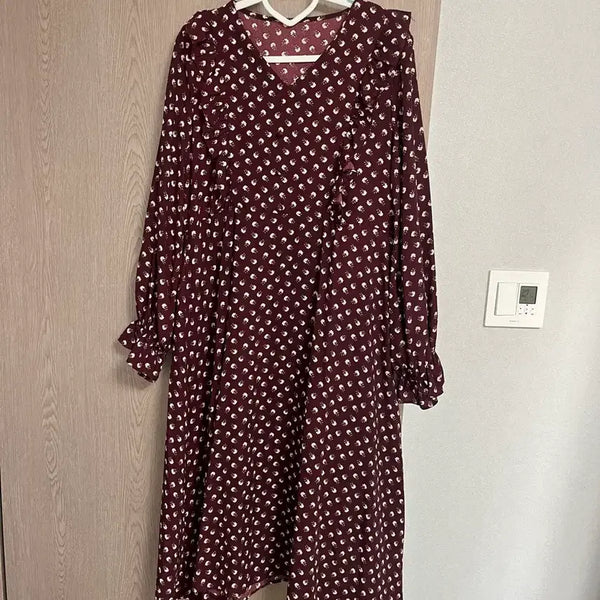 [BUNJANG] Button Frill Flower Long Dress Burgundy / 단추 프릴 플라워 롱원피스 버건디