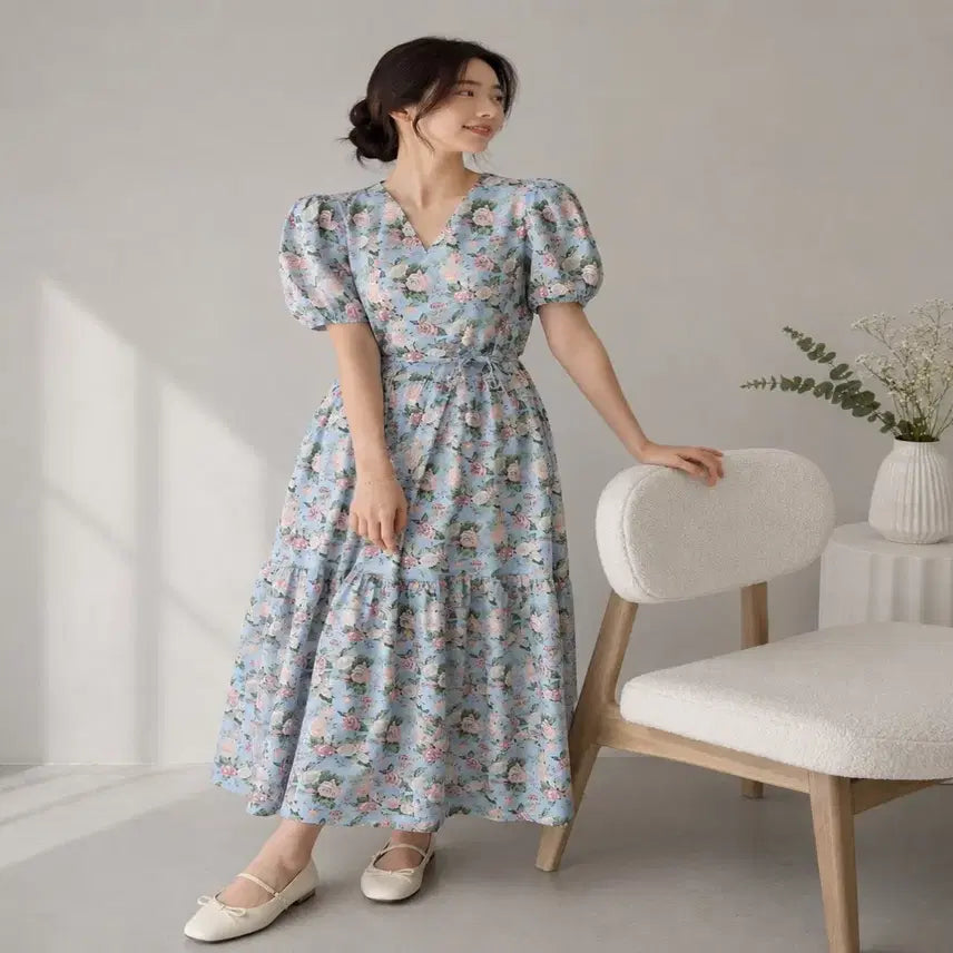 [BUNJANG] Loose Fit Rose Flower V-Neck Puff Sleeve Maxi Dress with Waist Tie Set / [루즈핏/허리끈세트] 장미 플라워 브이넥 퍼프 캉캉 롱 원피스ㅡ무배