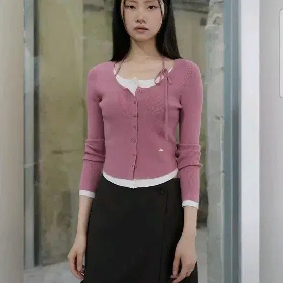 [BUNJANG] General Idea Strap Layered Cardigan (Pink) / 제너럴아이디어 스트랩 가디건 (핑크)