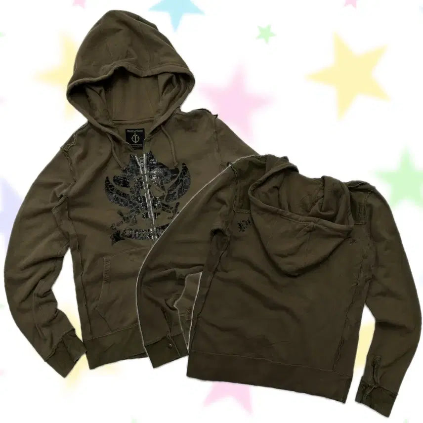 [BUNJANG] 291295=HOMME Khaki Brown Y2K Vintage Printing Two-Way Hooded Zip-Up / 일본빈티지 Y2K 카키브라운 빈티지프린팅 투웨이 할리 시크 락 후드집업