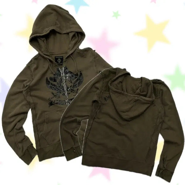 [BUNJANG] 291295=HOMME Khaki Brown Y2K Vintage Printing Two-Way Hooded Zip-Up / 일본빈티지 Y2K 카키브라운 빈티지프린팅 투웨이 할리 시크 락 후드집업