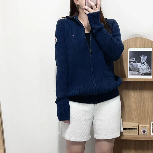 [BUNJANG] Tommy Hilfiger Navy Patch Logo Knit Zip-Up Jacket [L] / 타미 네이비 패치로고 니트 집업 [ L ]
