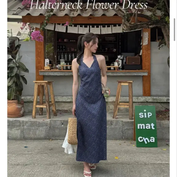 [BUNJANG] Flower Pattern Halterneck Long Dress / 플라워 패턴 홀터넥 롱 원피스