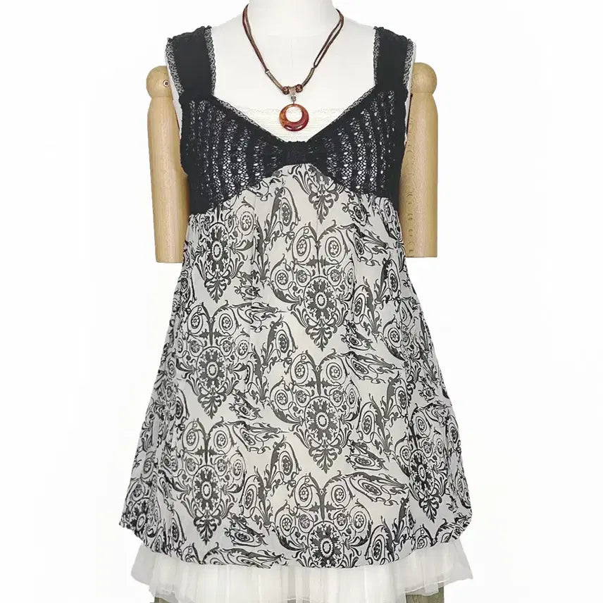 [BUNJANG] Vintage Balloon Chiffon Paisley Ethnic Knit Lace Sleeveless Mini Dress / 일본빈티지벌룬쉬폰페이즐리에스닉뜨개레이스나시원피스모리걸하구미룩갸루y2k히피