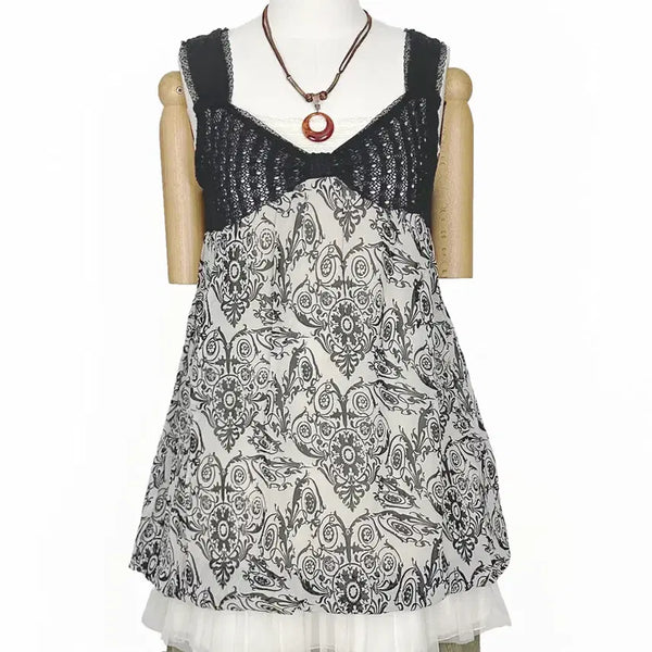[BUNJANG] Vintage Balloon Chiffon Paisley Ethnic Knit Lace Sleeveless Mini Dress / 일본빈티지벌룬쉬폰페이즐리에스닉뜨개레이스나시원피스모리걸하구미룩갸루y2k히피
