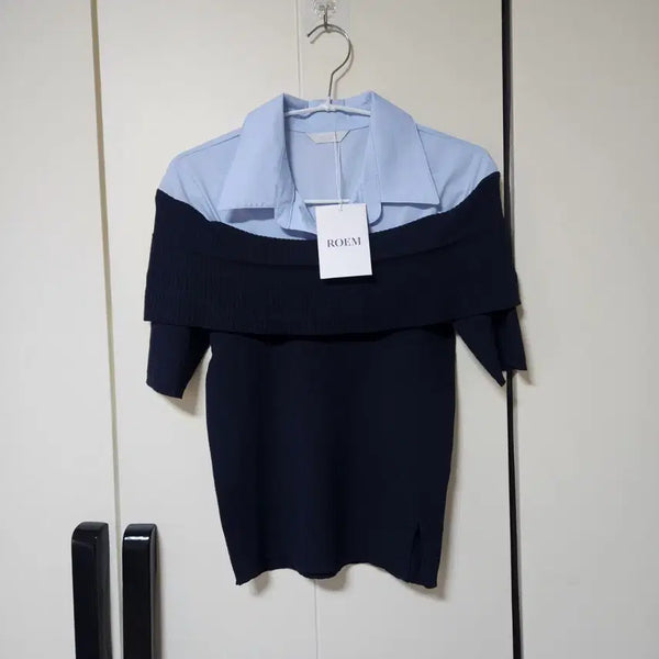 [BUNJANG] Roem Color-Block Off-Shoulder Short-Sleeve Knit Top / [새상품] 로엠 배색 오프숄더 반팔 니트(정가6.9)