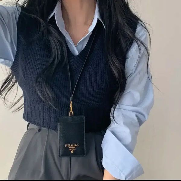 [BUNJANG] New Normal V-Neck Cropped Knit Vest Navy / 잘록핏!] 뉴노멀 브이넥 크롭 니트조끼 네이비