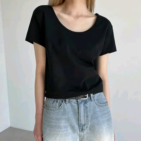 [BUNJANG] Black Up Susan U-Neck Short Sleeve T-Shirt (Navy, Black) / 블랙업 수잔 유넥 반팔티 (네이비,블랙)