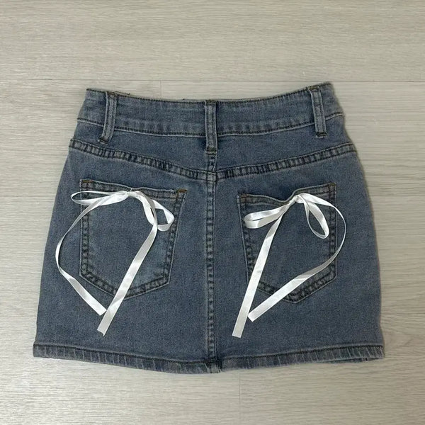 [BUNJANG] Ribbon Detail Light Wash Denim Mini Skirt / 리본 데님 연청 스커트