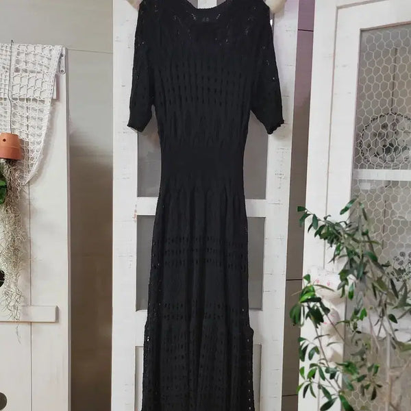 [BUNJANG] Black Knit Punching Long Dress Size 55 / 블랙 니트 펀칭 롱 원피스 55