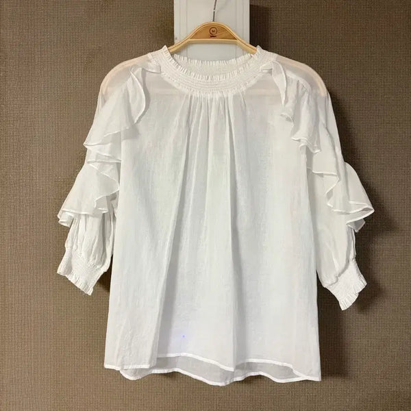 [BUNJANG] JePyeong Linen 100% Ruffle Blouse White / 제평 바자르 린넨100% 러플 블라우스 화이트 7부스모크팔뚝커버셔링밴딩