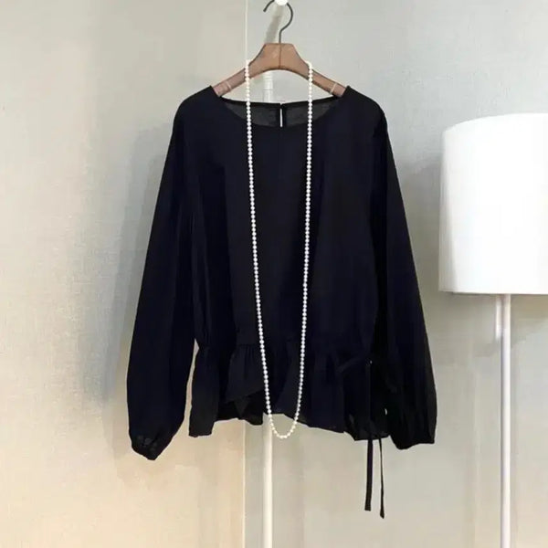 [BUNJANG] Black Cotton Frill Summer Long Sleeve Shirring Ribbon Blouse / 블랙셔츠 면프릴 여름긴팔 셔링리본 블라우스