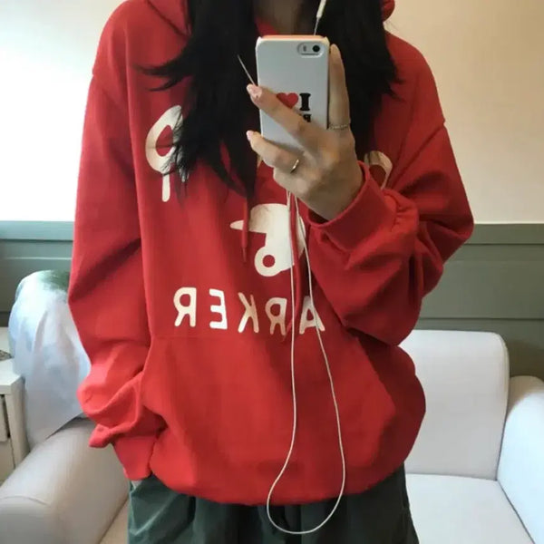 [BUNJANG] Avely Pique Printing Oversized Hoodie Red / 에이블리 피케 프린팅 오버핏 후드티 레드
