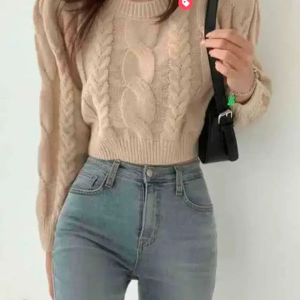 [BUNJANG] Round Neck Cable Knit Crop Sweater (Beige) / 에이블리 베이지색 꽈베기 라운드 크롭 니트 팝니다
