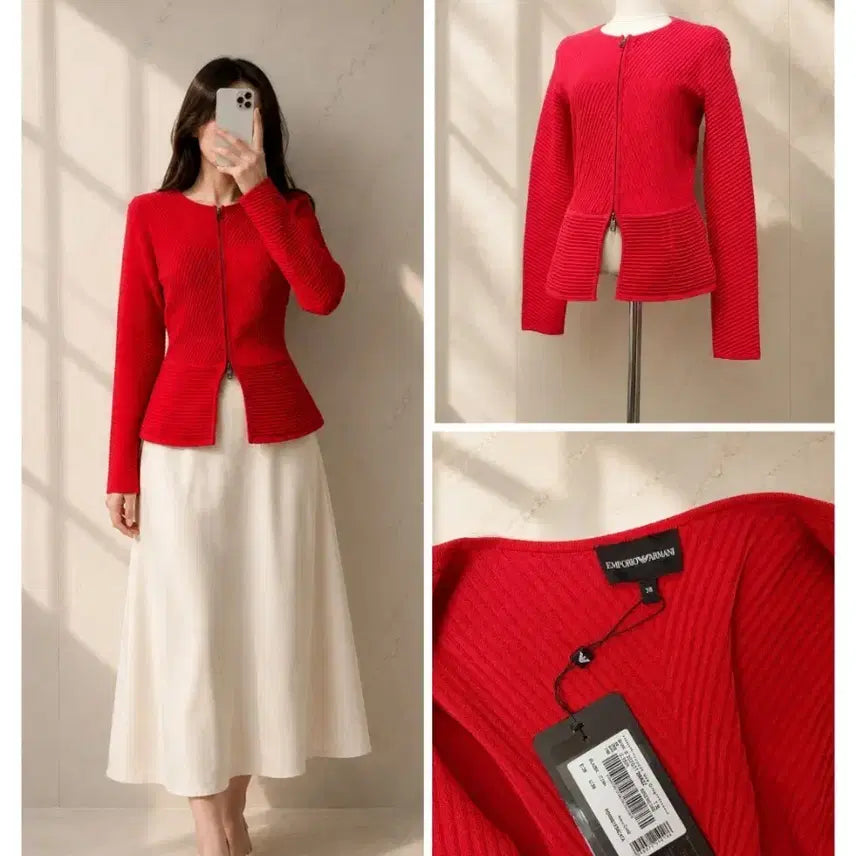 [BUNJANG] Emporio Armani Zip-Up Knit Jacket Red Rosso Vulcano Size 38 / (정품/새상품) 아르마니 집업 니트 자켓 / 신세계 / 38
