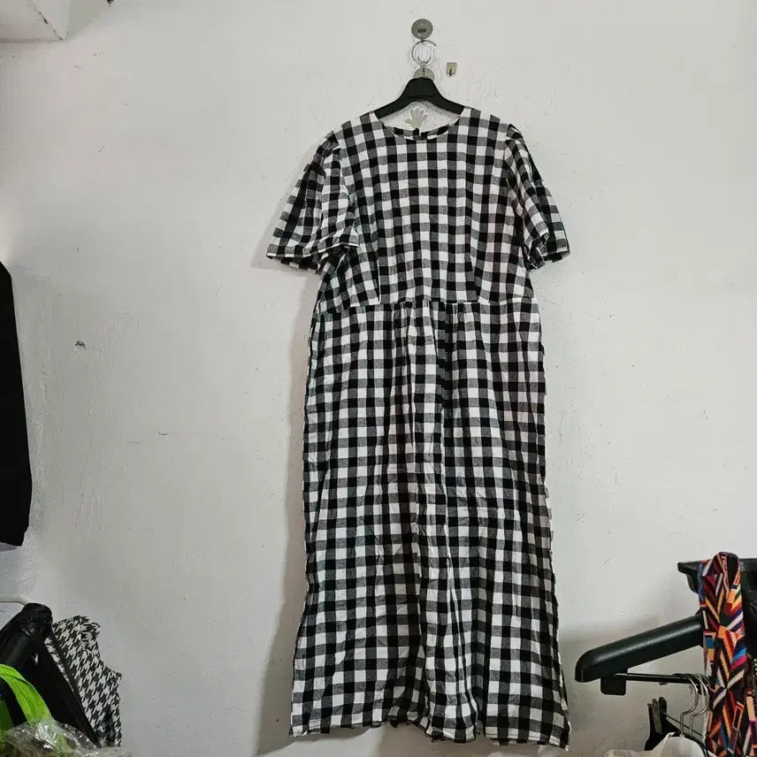 [BUNJANG] Gingham Check Long Dress Short Sleeve Free Size / 깅엄체크 롱 원피스 반팔 free사이즈