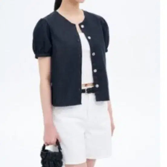 [BUNJANG] 8seconds Puff Sleeve Denim Short Sleeve Blouse Navy / 에잇세컨즈 퍼프소매 데님 반팔 블라우스 네이비 (165564APFR)