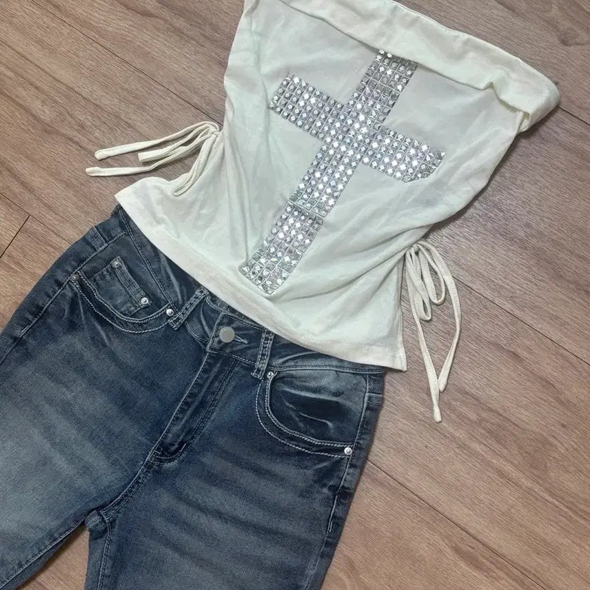 [BUNJANG] Y2K Cross Tube Top & Bootcut Jeans Set / [Y2K 셋업] 십자가 튜브탑+부츠컷 청바지