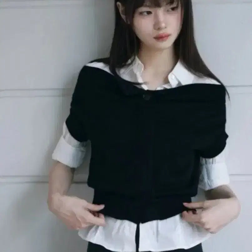 [BUNJANG] Yunseulshop Sander Off-Shoulder Black Top + Eddie Slim Shirt Set / 세트) 윤슬샵 샌더 오프숄더 블랙 + 에디 슬림 셔츠