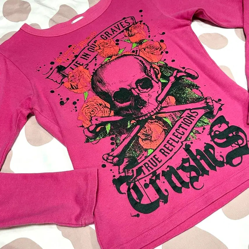 [BUNJANG] Skull Print Hot Pink Long Sleeve T-Shirt / 펑크 핫핑크 스컬 프린팅 티셔츠 딱붙 롱슬