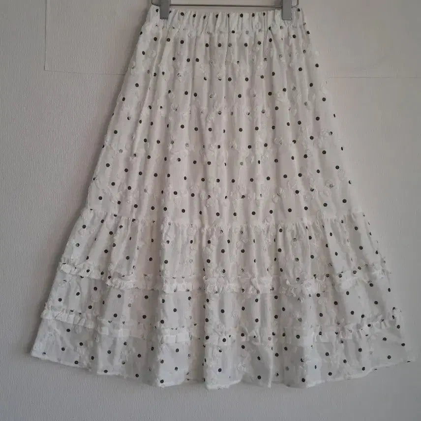 [BUNJANG] Women's White Dot Ruffle Midi Skirt / 화이트 도트 캉캉 스커트