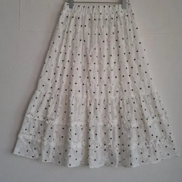 [BUNJANG] Women's White Dot Ruffle Midi Skirt / 화이트 도트 캉캉 스커트