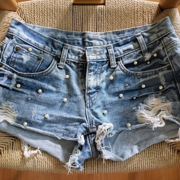 [BUNJANG] SLINKY Pearl Embellished Denim Hot Shorts & GUESS Denim Hot Shorts (Size S) / [ 진주 데님 핫팬츠 청반바지 + GUESS 데님 청반바지 ]